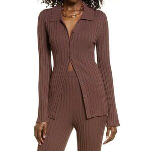 Open Edit Ribbed Button-Up Cardigan Chocolate Brown Size XXS
